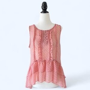 Costa Blanca Womens Pink White Polka Dot Ruffle Hem Button Up Blouse Medium